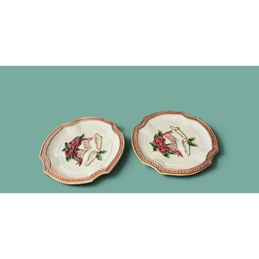 2 Fitz & Floyd Holiday Bells Christmas 2003 Canape Candy Cookie‎ Serving Plates